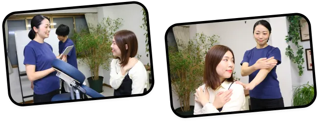 体の可動域をチェックしているスタッフ